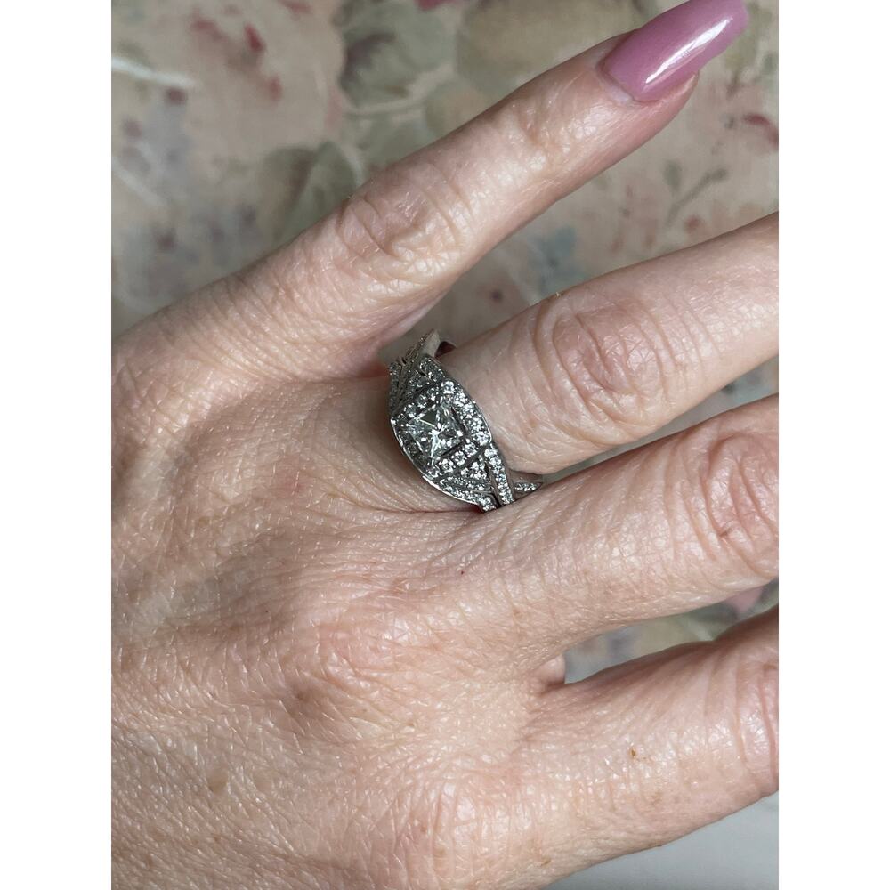 14 karat white gold, diamond halo engagement wedding ring set .61 center - Picture 10 of 16